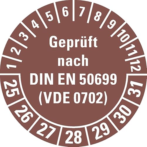 Dreifke® Prüfplakette geprüft nach DIN EN 50699(VDE 0702) 25-31, braun, Dokumentenfolie, Ø 30mm, 18 St/Bogen von Dreifke