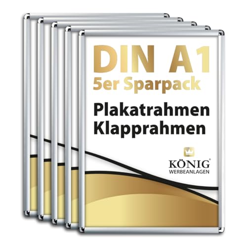 Dreifke 5 Plakatrahmen DIN A1 | abgerundete Ecken | 25mm Alu Profil, silber | inkl. entspiegelter Schutzscheibe | Alu Klapprahmen Wechselrahmen Posterrahmen | 5er Sparpack von Dreifke