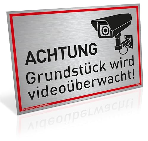 Großes Schild Achtung Grundstück wird videoüberwacht! | Alu 42 x 30 cm | stabiles Alu Schild mit UV-Schutz | silber gebürstet edle Optik | Videoüberwachung Kameraüberwachung Kameraüberwacht | Dreifke® von Dreifke