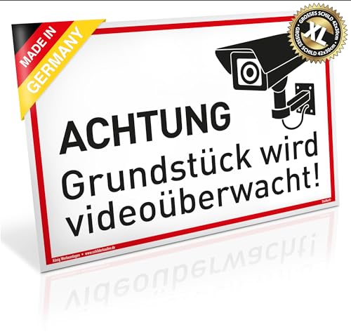 Großes Schild Achtung Grundstück wird videoüberwacht! | Alu 42 x 30 cm | stabiles Alu Schild mit UV-Schutz | weiß | Videoüberwachung Kameraüberwachung Kameraüberwacht | Dreifke® von Dreifke