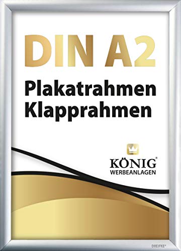 Plakatrahmen DIN A2 | 25mm Alu Profil, eckig | Silber | inkl. entspiegelter Schutzscheibe und Befestigungsmaterial | Bilderrahmen Klapprahmen Wechselrahmen Posterrahmen Rahmen | Dreifke® von Dreifke