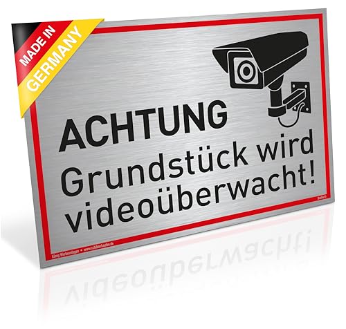 Schild Achtung Grundstück wird videoüberwacht! | Alu 30 x 20 cm | stabiles Alu Schild mit UV-Schutz | silber gebürstet edle Optik | Videoüberwachung Kameraüberwachung Kameraüberwacht | Dreifke® von Dreifke