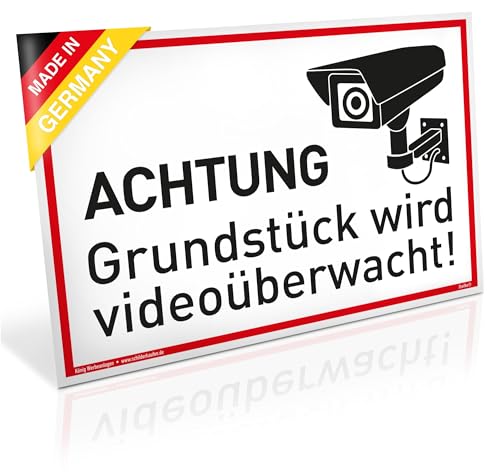 Schild Achtung Grundstück wird videoüberwacht! | PVC 30 x 20 cm | stabiles PVC Schild mit UV-Schutz | weiß | Videoüberwachung Kameraüberwachung Kameraüberwacht | Dreifke® von Dreifke