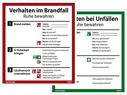 Schild Alu Verhalten im Brandfall und Verhalten bei Unfällen als Set | stabile Alu Schilder mit UV-Schutz 18 x 20 cm | ISO 7010 | Betriebsaushang Notfallplan Aushang | Dreifke® von Dreifke