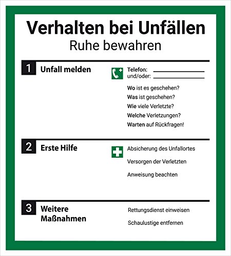 Schild Aushang "Verhalten bei Unfällen", 18x20cm, mit UV-Schutz, PVC-Aufkleber, ISO 7010, Unfall Betriebsaushang Dreifke® von Dreifke