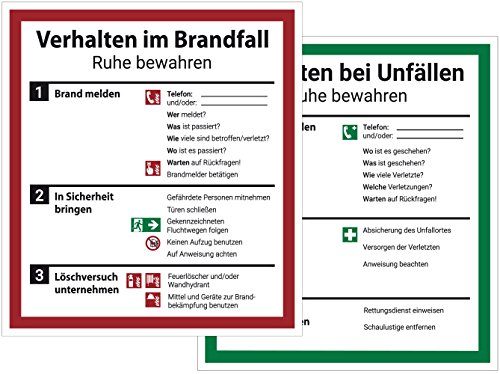 Schild Aushang Verhalten im Brandfall und Verhalten bei Unfällen als Set, 18x20cm, mit UV-Schutz, PVC-Aufkleber, ISO 7010, Betriebsaushang Notfallplan Dreifke® von Dreifke