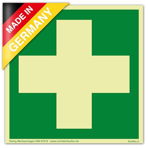 Dreifke® Schild Erste Hilfe | extra langnachleuchtend | PVC selbstklebend 148 x 148 mm | gemäß BGV A 8 DIN 67510 von Dreifke