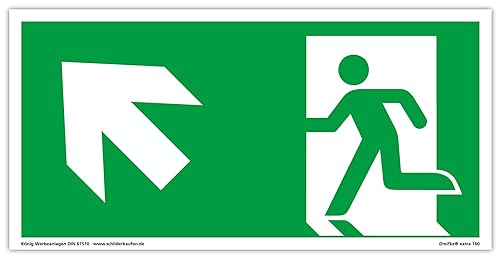 Schild Notausgang | extra langnachleuchtend | PVC selbstklebend 297x148mm | gemäß ASR A1.3 DIN 7010 DIN 67510 | Notausgangsschild Links schräg aufwärts | Fluchtweg Rettungsweg | Dreifke® extra 160 von Dreifke