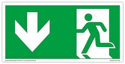 Schild Notausgang | extra langnachleuchtend | PVC selbstklebend 297x148mm | gemäß ASR A1.3 DIN 7010 DIN 67510 | Notausgangsschild Pfeil Links abwärts | Fluchtweg Rettungsweg | Dreifke® extra 160 von Dreifke