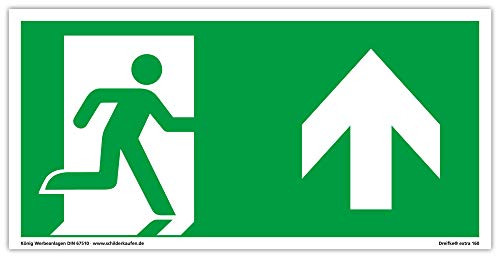 Schild Notausgang | extra langnachleuchtend | PVC selbstklebend 297x148mm | gemäß ASR A1.3 DIN 7010 DIN 67510 | Notausgangsschild rechts aufwärts geradeaus| Fluchtweg Rettungsweg | Dreifke® extra 160 von Dreifke