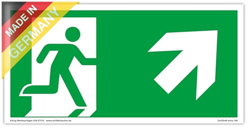 Schild Notausgang | extra langnachleuchtend | PVC selbstklebend 297x148mm | gemäß ASR A1.3 DIN 7010 DIN 67510 | Notausgangsschild rechts schräg aufwärts | Fluchtweg Rettungsweg | Dreifke® extra 160 von Dreifke