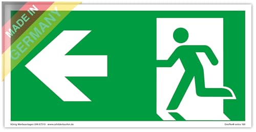 Schild Notausgang | extra langnachleuchtend | PVC selbstklebend 297x148mm | gemäß ASR A1.3 DIN 7010 DIN 67510 | Pfeil Links | Fluchtwegschild Rettungsweg | Dreifke® extra 160 von Dreifke