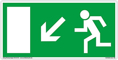 Schild Notausgang | extra langnachleuchtend | PVC selbstklebend 297x148mm | gemäß BGV 8A | DIN 67510 | Notausgangsschild Pfeil links schräg abwärts | Fluchtwegschild Rettungsweg | Dreifke® extra 160 von Dreifke