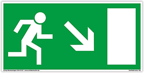 Schild Notausgang | extra langnachleuchtend | PVC selbstklebend 297x148mm | gemäß BGV 8A | DIN 67510 | Notausgangsschild Pfeil rechts schräg abwärts | Fluchtwegschild Rettungsweg | Dreifke® extra 160 von Dreifke