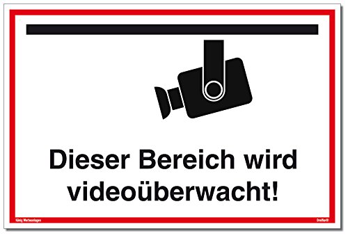 Schild Videoüberwachung | Dieser Bereich Wird videoüberwacht! | stabiles Alu Schild mit UV-Schutz 30 x 20 cm | weiß | Kameraüberwacht videoüberwacht | Dreifke® von Dreifke