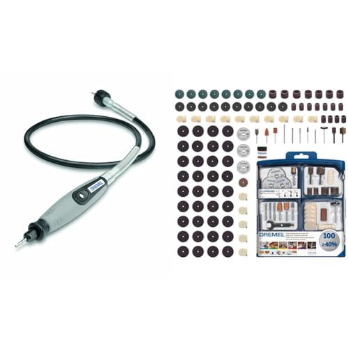 Dremel biegsame Welle (Zubehör für Dremel Multitools) & 100-teiliges Mehrzweck Zubehörset (100x Zubehör, Spannzangenschlüssel, Aufbewahrungsbox) von Dremel