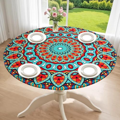 Dremisland 120cm Runde Wasserdichtes Tischdecke Mandala Elastische Tischdecken Tischtuch Outdoor Abwischbar Garten Tischdecke Wachstuch Tischschutz Abdeckung für Abendessen Küchen Party Sommer Dekor von Dremisland