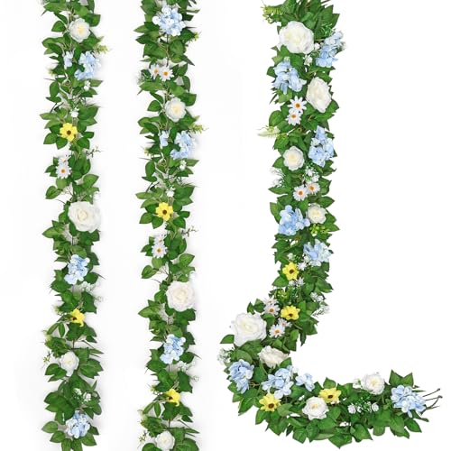 Dremisland 2 Stück Künstliche Blumengirlande Blau Weiß Rosen Blumen Girlande Deko Kunstblumen Rosengirlande Seidenblumen Glyzinie Vine Fake Hydrangea Blumenranken für Bogen Hochzeit Tisch Garten von Dremisland