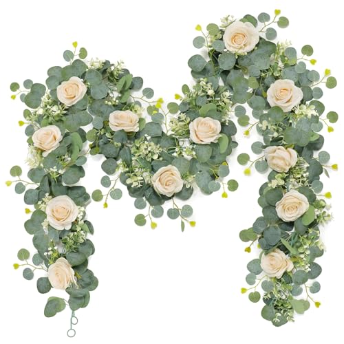 Dremisland 2 Stück Blumengirlande mit Rose Künstliche Blumen Eukalyptus Pflanzen Girlande Frühlingsdeko Rosengirlande Kunstblumen Türgirlande für Hochzeit Party Wand Heimdekoration von Dremisland