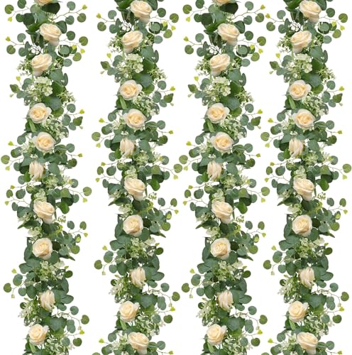 Dremisland 4 Stück Blumengirlande mit Rose Künstliche Blumen Eukalyptus Pflanzen Girlande Seidenblumen Rosengirlande Kunstblumen Hängepflanze Rebe für Hochzeit Party Wand Heimdekoration von Dremisland