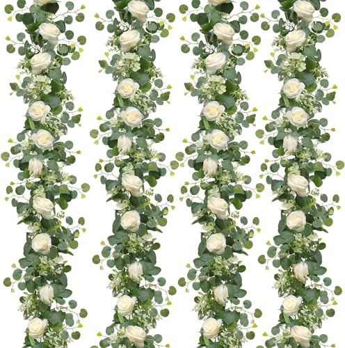 Dremisland 2 Stück Rose Blumengirlande 1.8m Künstliche Eukalyptus Pflanzen Girlande Frühlingsdeko Rosengirlande Künstliche Blumen Deko Für Hochzeit Aesthetic Autoschmuck Garten (Weiße Rose-4PCS) von Dremisland