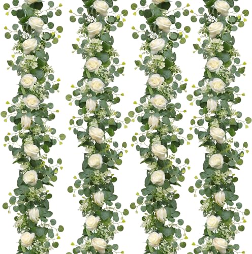 Dremisland 4 Stück Künstliche Blumengirlande Weiß Eukalyptus Girlande Deko Seidenblumen Rosengirlande Kunstblumen Girlande Hängepflanze Blumenranken für Hochzeit Tischdeko Party Garten Dekor von Dremisland