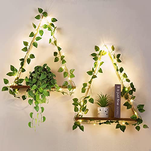 Dremisland 2er Set Makramee Wandregal Künstliche Efeu LED-Streifen Wandbehang Regal Boho Deko Hängeregal Schweberegale Pflanzenregale Wandbehang Wall Shelf Schlafzimmer Badezimmer Wohnzimmer von Dremisland