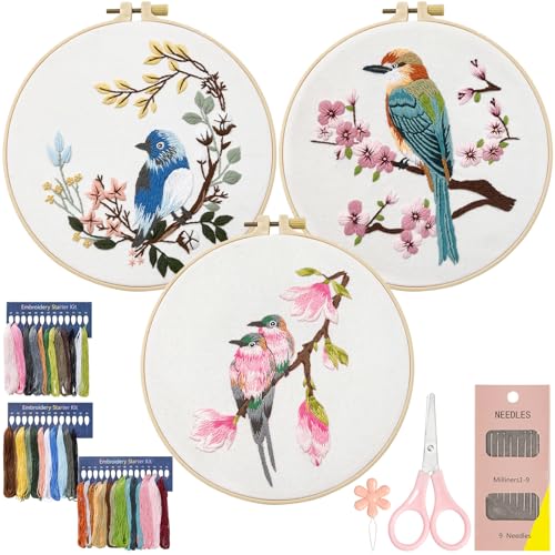 Dremisland 3 Sets Stickset für Anfänger Kolibri Blume Pflanzen Stickerei Set Erwachsene Kreuzstich Set mit Vogel Embroidery Starter Kits mit Stickrahmen Werkzeuge Video Anleitung DIY Stickset Handwerk von Dremisland