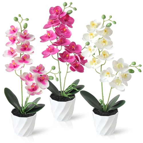 Dremisland 3er Set Kunstblume Schmetterling Orchidee mit Blätter Künstliche Blumen im Topf(38cm) Weiß Rosa Kunstorchidee Phalaenopsis Kunstpflanze Hochzeit Tischdeko Seidenblume Real Touch Blüte von Dremisland