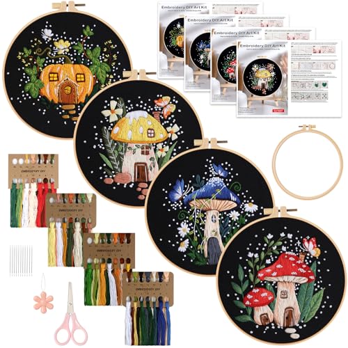 Dremislnd 4 Set Stickerei Kit für Anfänger Erwachsene Pilz Stickerei Starter Kits Kreuzstich Kits Kunsthandwerk DIY Kunstprojekt Bastelset mit Anleitung Hoop Nadel Faden Kit für Craft Lover von Dremisland