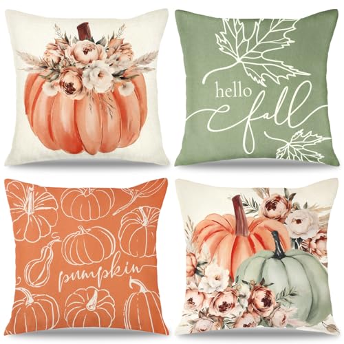 Dremisland 4er Set Herbst Kissenbezug 45x45cm Kissenhülle Herbstkissen Aprikot Ahornblatt Kürbis Sofakissen Herbst Kissen Kissenbezüge Boho Pfingstrosen Couchkissen für Erntedankfest Bettwäsche von Dremisland