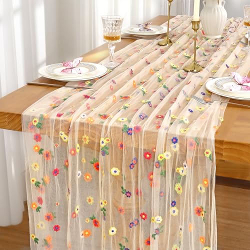 Dremisland Champagner Stickerei Gänseblümchen Tischläufer 75X300cm Blumen Rustikaler Gaze Tischläufer Saisonaler Tüll Tischdeko Boho Cheesecloth Tischdecke für Hochzeitsfeier Tischde (Champagner) von Dremisland