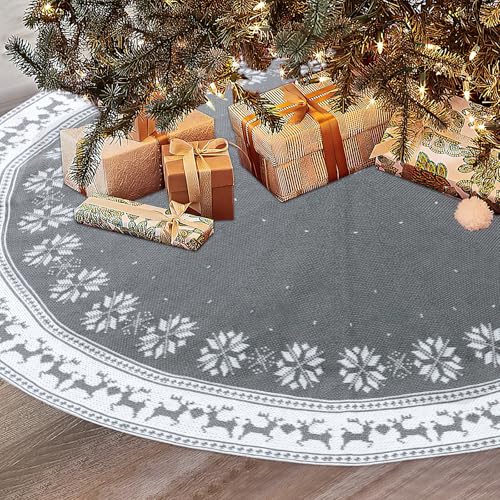 Dremisland Große Weihnachtsbaum Rock, 122cm Grau Gestrickte Weihnachtsbaumdecke Teppich Schneeflocken Rentier Baumdecke Christbaumdecke Rund Christbaumständer Matte Zuhause Feier Weihnachtsbaum Deko von Dremisland