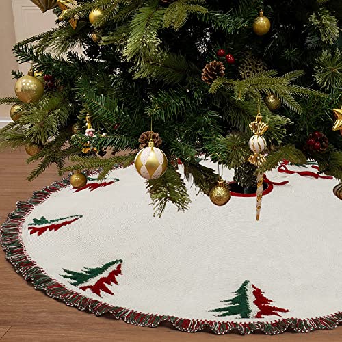 Dremisland Große Weihnachtsbaum Rock, 122cm Schweres Garn Baum Rock 3D Gestrickte Weihnachtsbaum Muster mit Quaste Gehäkelter Weiß Baum Rock Matte für Zuhause Party Urlaub Dekoration von Dremisland