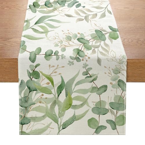 Dremisland Grün Eukalyptus Frühling Tischläufer Leinen Grünpflanzen Tischdecke Blät Sommer Tischdeko Table Runner Tischset Küche Tisch Dekoration Drinnen Urlaub Party Dekor von Dremisland