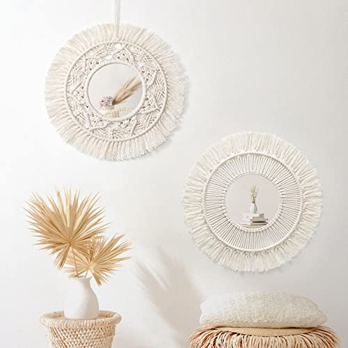 Dremisland 2er Set Makramee Wandspiegel Wanddeko mit Gewebten Fransen Blatt Wand Befestigter Boho Deko Rund Spiegel Wandbehang Beige Dekorativer Spiegel für Wohnung Haus Schlafzimmer Wohnzimmer von Dremisland