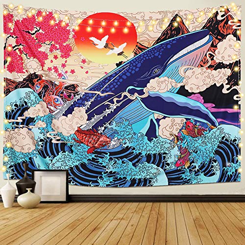 Dremisland Japanische Ukiyo-e Wandteppich Welle Koi Tapisserie Groß Wal Tier mit Sonnenuntergang Landschaft Wandbehang Tuch Wandtuch für Schlafzimmer Wohnzimmer Wohnkultur von Dremisland