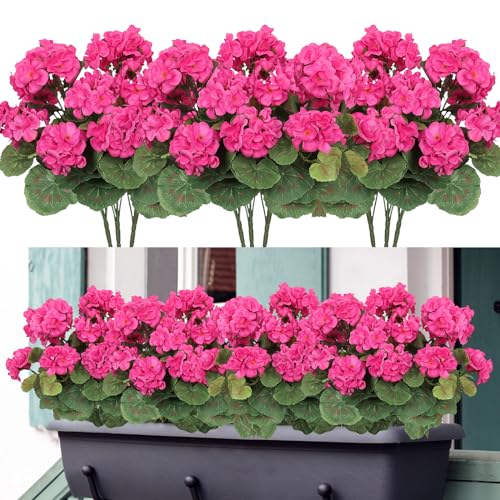 Dremisland Künstliche Blumen für den Außenbereich, rote Geranie, Seidenblumen, UV-beständig, Gartenpflanzen, Busch, Kunstblumen für Zuhause, Hochzeit, Küche, Tischdekoration, 3 Stück (Rosenrot, 3 von Dremisland