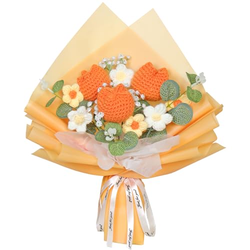Dremisland Herbst Kunstblumen Gehäkelte Tulpen Blumenstrauß Gänseblümchen Künstliche Blumen Herbstdeko Gehäkelte Fake Blumen Autumn Tulpe Pflanzen Weiche Gestrickte Geschenk für Freunde Familien von Dremisland