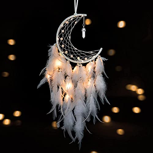 Dremisland Traumfänger mit LED Licht Handgefertigt Mond Dreamcatcher mit Federn Boho Dekoration Weiß Federn Wandbehang Dekoration Macramé Children's Bedroom Accessories für Mädchen Kinder Geschenk von Dremisland