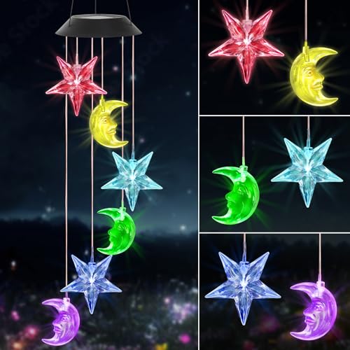 Dremisland Mond und Sterne Solar Windspiele Außen LED Solar Farbwechsel Windspiel Wasserfest Gartenlampe Hängeleuchte Solarleuchten Garten Deko für Garten Baum Hof Terrasse Muttertagsgeschenke von Dremisland