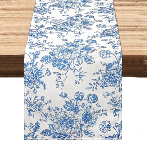 Dremisland Rose Monochrome Skizze Blau Tischläufer 32x140cm Frühling Sommer Vintage Blumen Tischtuch Tischdecke Retro Floral Tischdeko Table Runner Tischset Küche Drinnen Urlaub Party Geburtstag Dekor von Dremisland
