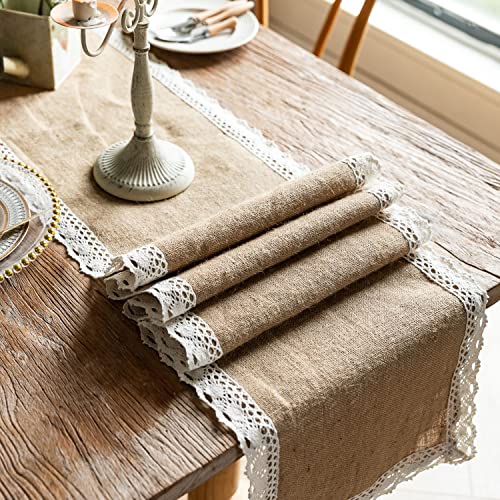 Dremisland Sackleinen Hessischer Tischläufer Jute Spitze Tischdecke Rustikale Kommode Tischwäsche Table Runner für Küche Esszimmer Bankett Party Dessert Tischdekoration von Dremisland