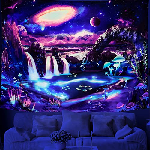 Dremisland Schwarzlicht Galaxie Planet Wandteppich Psychedelischer UV Reaktive Wasserfall Landschaft Wald Tapisserie Fantasie Berg Welle Aesthetic Wandtuch Pflanzen Wandbehang Wohnkultur von Dremisland