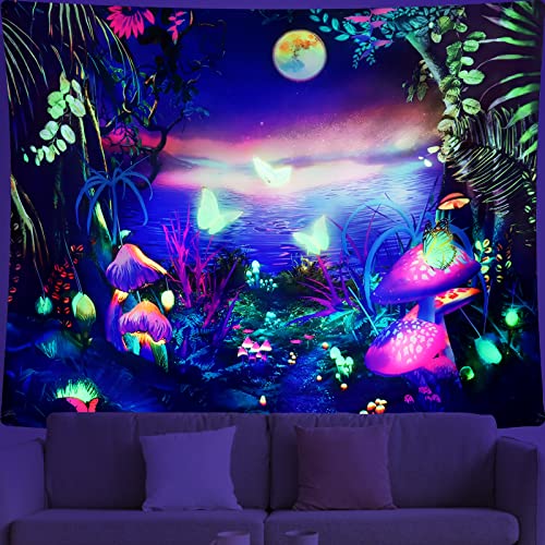 Dremisland Schwarzlicht Pilz Wandteppich Galaxie Mond Tapisserie UV Reaktives Poster Pflanze Landschaft Wandteppich Schmetterling ästhetische Wandbehang für Schlafzimmer Heim Dekoration von Dremisland