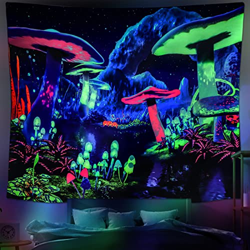 Dremisland Schwarzlicht Pilz Wandteppich Psychedelischer UV Reaktives Galaxie Tapisserie Wand Wandtuch Pflanze Landschaft Wandteppich Sternenhimmel Wandbehang für Schlafzimmer Heim Dekoration von Dremisland