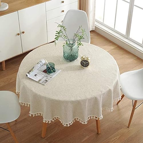 Demisland Beige Tischdecke Runde Quaste Tischtuch Baumwolle Leinen Tischdecken Abwaschbar Staubdicht Couchtisch Table Cloth für Küche Picknick Weihnachts Tischdekoration von Dremisland