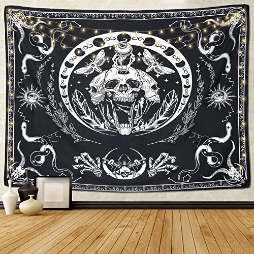 Dremisland Trippy Schädel Wandteppich Schwarz Skelett-Tapisserie Schlangen Motten Wandbehang Mandala Mondphase Tuch Wandtuch Dekor für Schlafzimmer ästhetisch Wohnheim von Dremisland