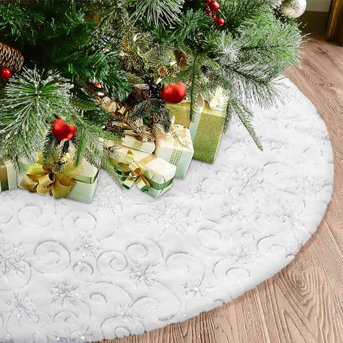 Dremisland Große Weihnachtsbaum Rock 90cm Weiß & Silber Plüsch Weihnachtsbaumdecke Pailletten Schneeflocken Christbaumständer Rund Christbaumdecke Rock Matte für Zuhause Feier Weihnachtsbaum Deko von Dremisland