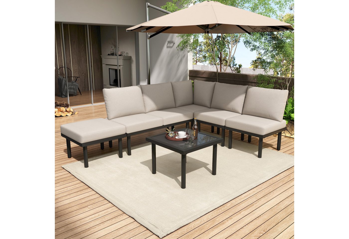 Drenice Gartenlounge-Set Garten-Loungesessel-Se, (mit verzinktem Eisenrahmen, 6er-Set, Gartenmöbel-Set aus Seil, beige geflochtenes Seil, verstellbare Füße, glatte Glastischplatte) von Drenice